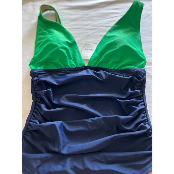 J. Crew Factory Women's V-neck ruched one-piece swimsuit Green Navy Size Small - Picture 3 of 11